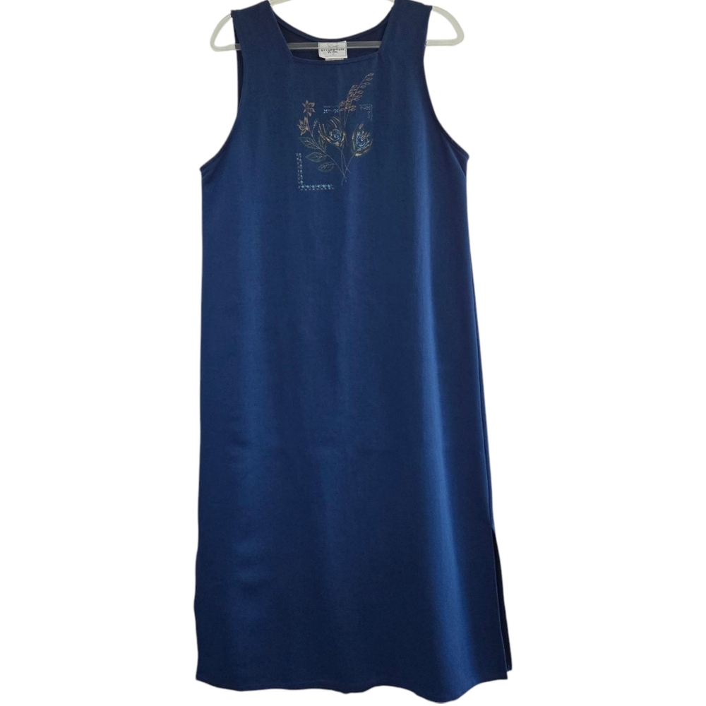 Vintage Maxi Jumper Dress Size 14P Royal Blue Peacock Print Cottagecore